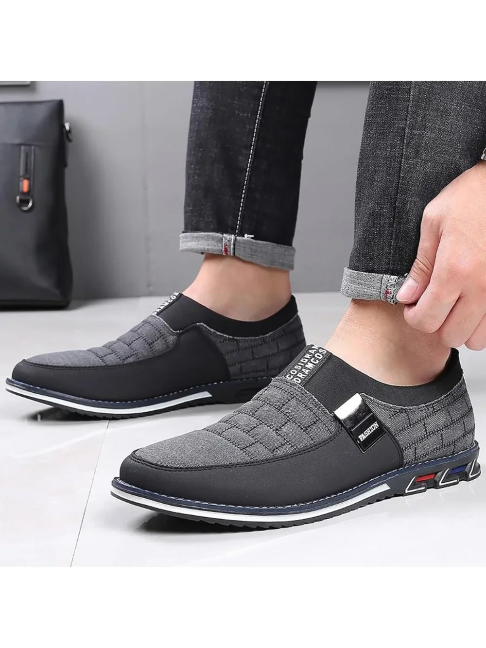 Men's Black & Grey Grid Textured Two-tone Flexible Derby Oxfords Dress Sneakers